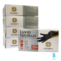 Kit 5 caixas de Luvas Nitrílicas Descarpack cor preta sem pó