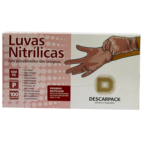 Kit 5 caixas de Luvas Nitrílicas Descarpack cor rosa tamanho P sem pó