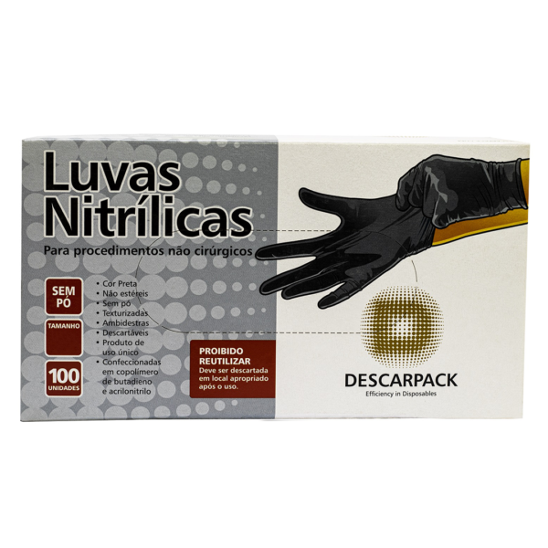 Kit 10 caixas de Luvas Nitrílicas Descarpack cor preta - 1.000 Unidades