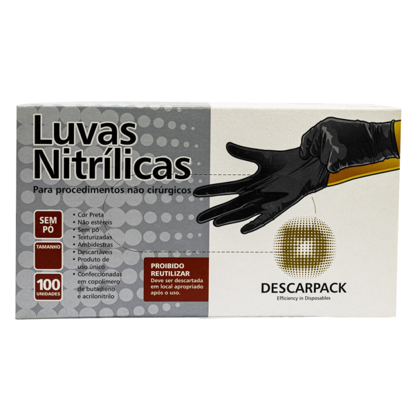 Kit 5 caixas de Luvas Nitrílicas Descarpack cor preta sem pó