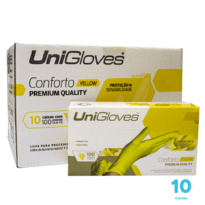 Kit 10 caixas de Luvas de látex Unigloves Confort  Premium Quality cor amarelo Sem pó