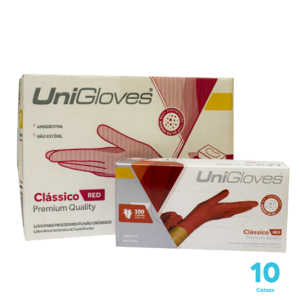 Kit 10 caixas de Luvas de Látex Unigloves Confort Premium Quality cor vermelho sem pó