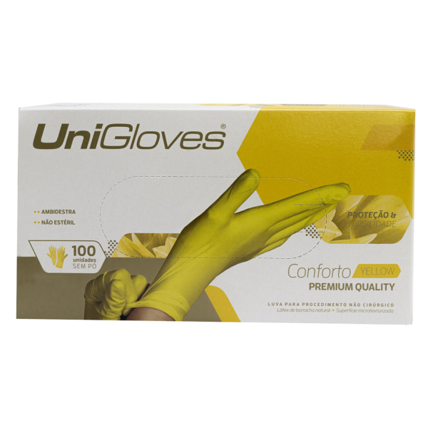 Luvas de látex Confort Unigloves Premium Quality cor Amarelo sem pó - 100 Unidades