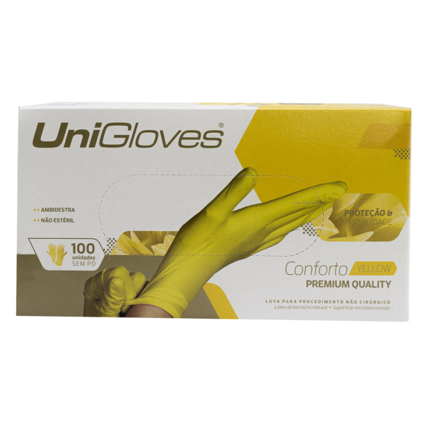 Kit 10 caixas de Luvas de látex Unigloves Confort  Premium Quality cor amarelo Sem pó