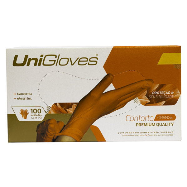 Luvas de Látex Unigloves Confort Premium Quality cor Laranja sem pó - 100 Unidades