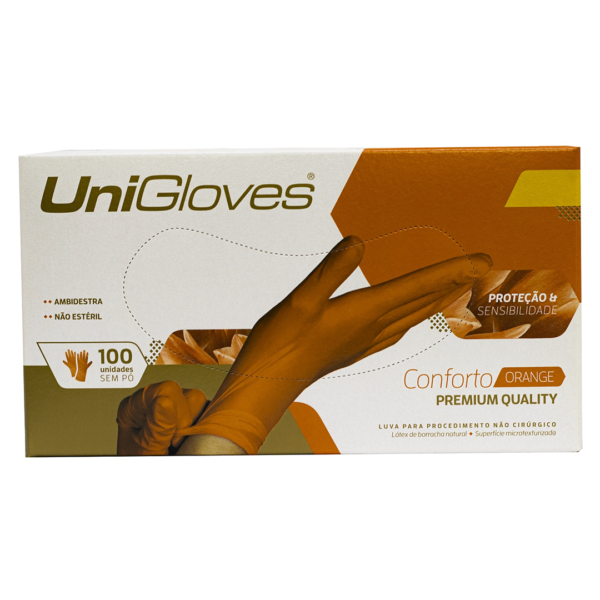 Kit 10 caixas de Luvas de látex Unigloves Confort  Premium Quality cor laranja Sem pó