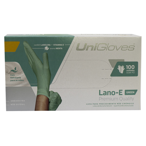 Luvas de Látex Lano-e Unigloves cor verde SEM PÓ - 100 Unidades