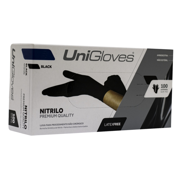 Luva Nitrílica Preta Unigloves Premium SEM PÓ - 100 Unidades