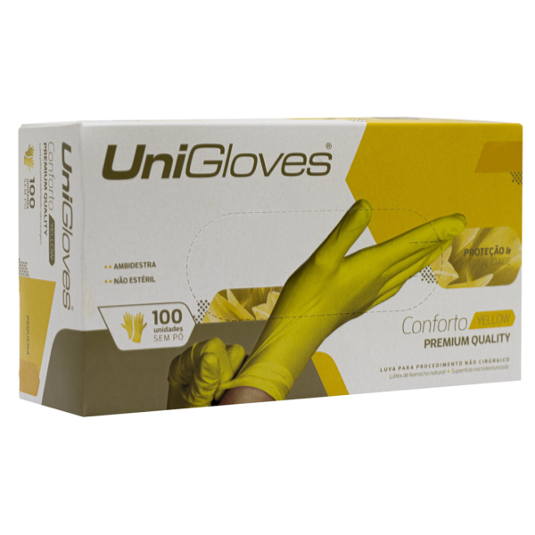 Kit 10 caixas de Luvas de látex Unigloves Confort  Premium Quality cor amarelo Sem pó