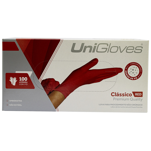 Luvas de Látex Vermelha Com Pó Unigloves Confort Premium Quality - 100 Unidades