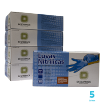 Kit 5 caixas de Luvas Nitrílicas Descarpack cor azul  sem pó