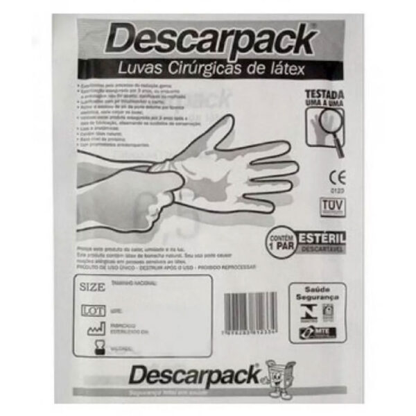 Luva Cirurgíca de Látex Descarpack - Descartável Estéreis Antiderrapantes - Branca