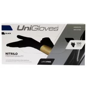 Luva Nitrílica Preta Unigloves Premium SEM PÓ – 100 Unidades